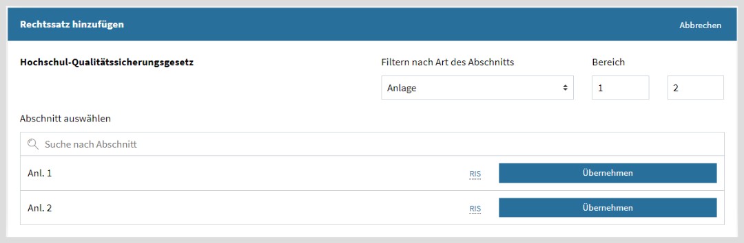 RIS Abschnitt Auswahl