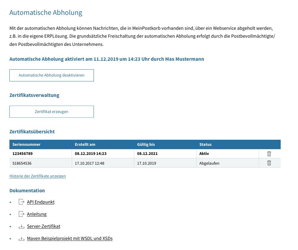 Es wird der Einstellungsbereich zur automatischen Abholung angezeigt. Dies beinhaltet die Aktivierung bzw. Deaktivierung der Automatischen abholung, die Zertifkatserzeugung und die Übesicht über bereits erstellte oder abgelaufene Zertifkate. Zudem wird auf die Dokumentation der automatischen Abholung verwiesen.