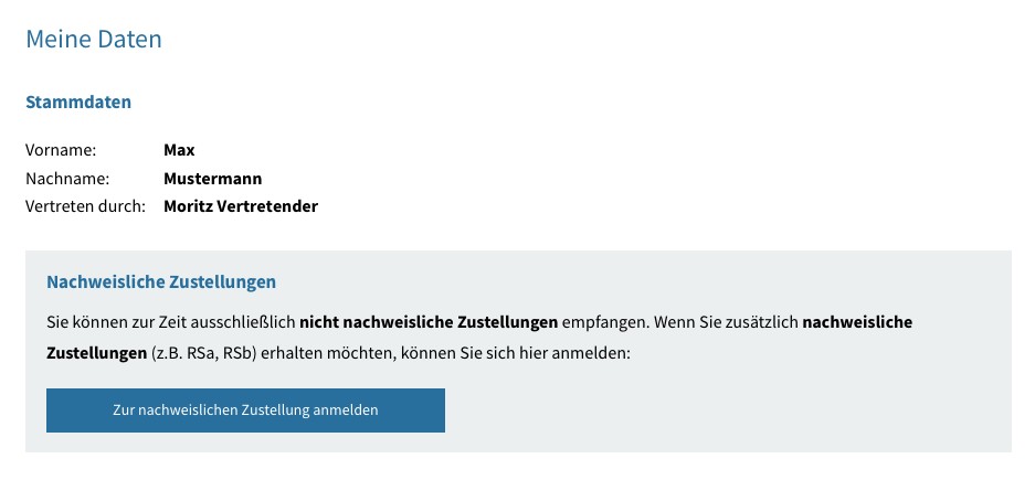 Anzeige der Daten des eingeloggten User. Dazu gehören Vorname, Nachname und Unternehmensbezeichnung im Falle eines Unternehmens. Ist eine Stellvertretung ausgewählt, wird dies hier auch angezeigt.