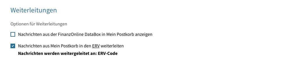 Checkbox für die Weiterleitung in den ERV bzw. die Anzeige von FinanzOnline Databox Nachrichten