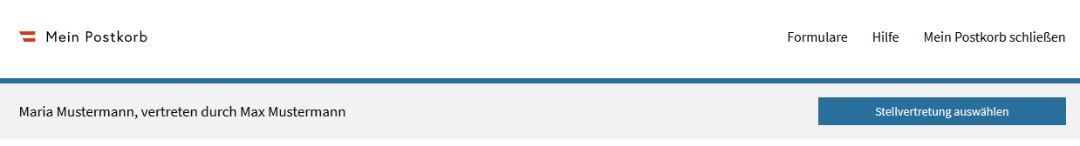 Es wird dargestellt, für welchen Benutzer der Postkorb gerade angezeigt wird. Sind Stellvertretungen vorhanden, können diese über die Schaltfläche &quot;Stellvertretung auswählen&quot; ausgewählt werden.