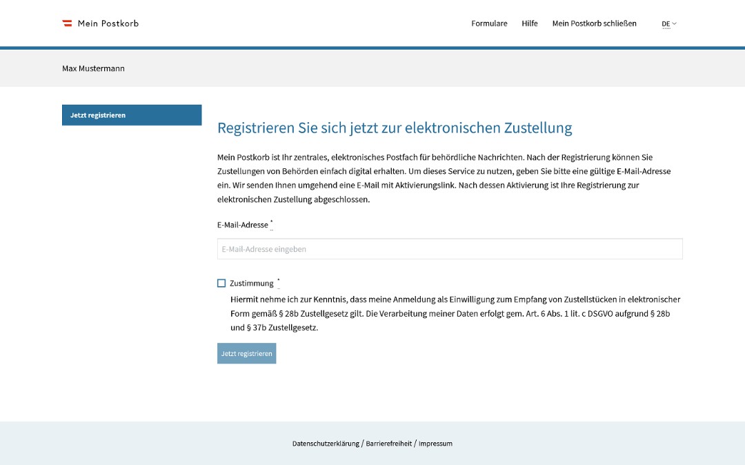 Es wird die Mein Postkorb Registrierungsseite angezeigt. Ein Eingabefeld für die E-Mail-Adresse steht zur Verfügung. Zudem muss die Einwilligung zum Empfang von elektronischen Zustellstücken gemäß Zustellgesetz gegeben werden.