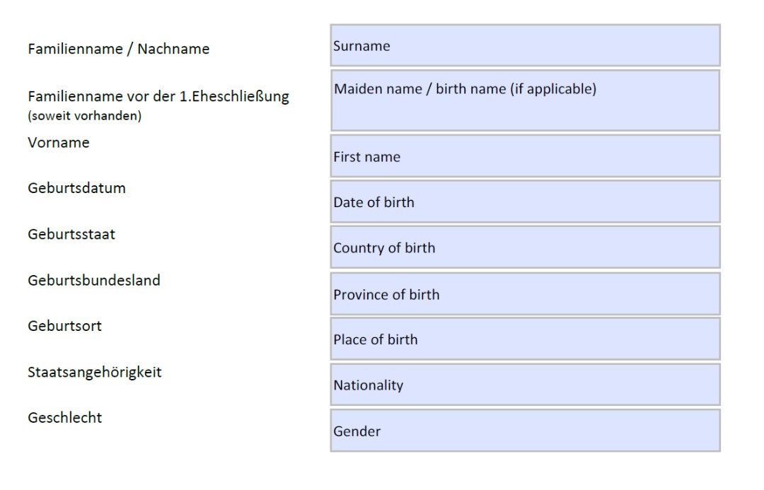 Screenshot des deutschen Formulars mit englischer Übersetzung