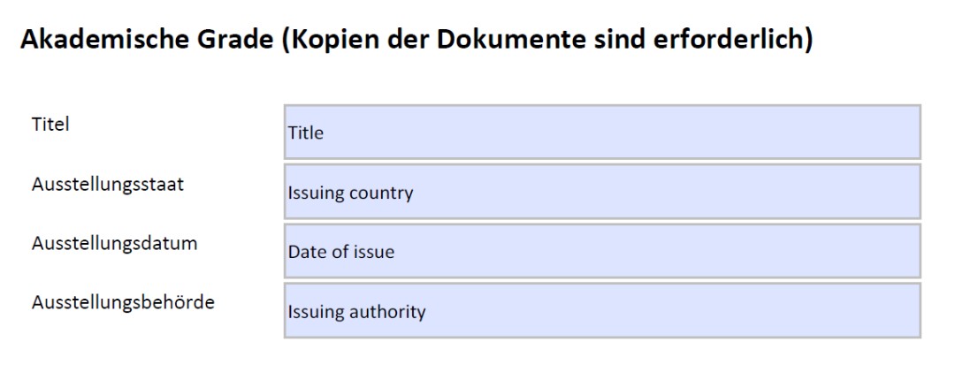 Screenshot des deutschen Formulars mit englischer Übersetzung