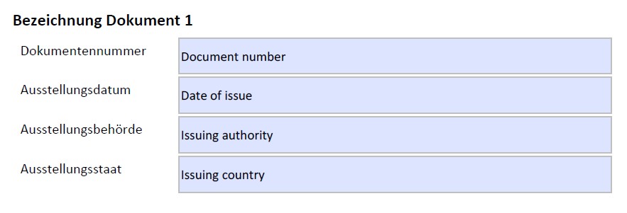 Screenshot des deutschen Formulars mit englischer Übersetzung