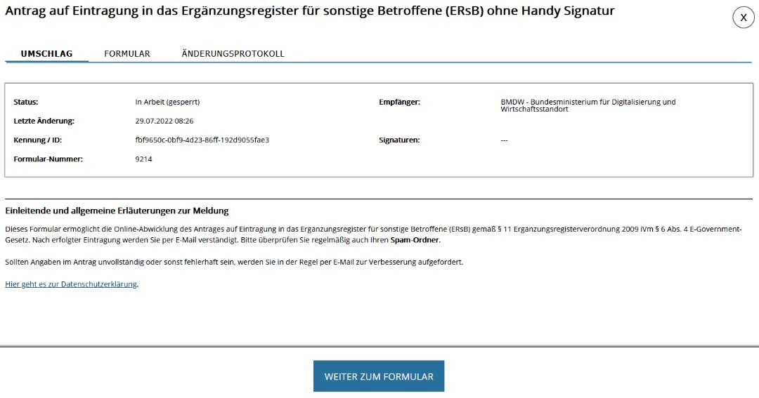Screenshot des Formularumschlags