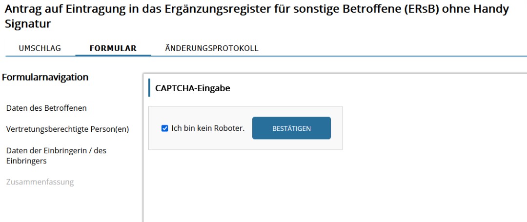 Screenshot zur Captcha-Eingabe