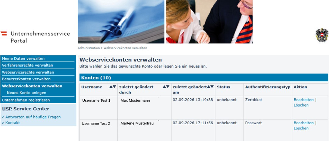 Screenshot Menüpunkt Webservicekonto verwalten