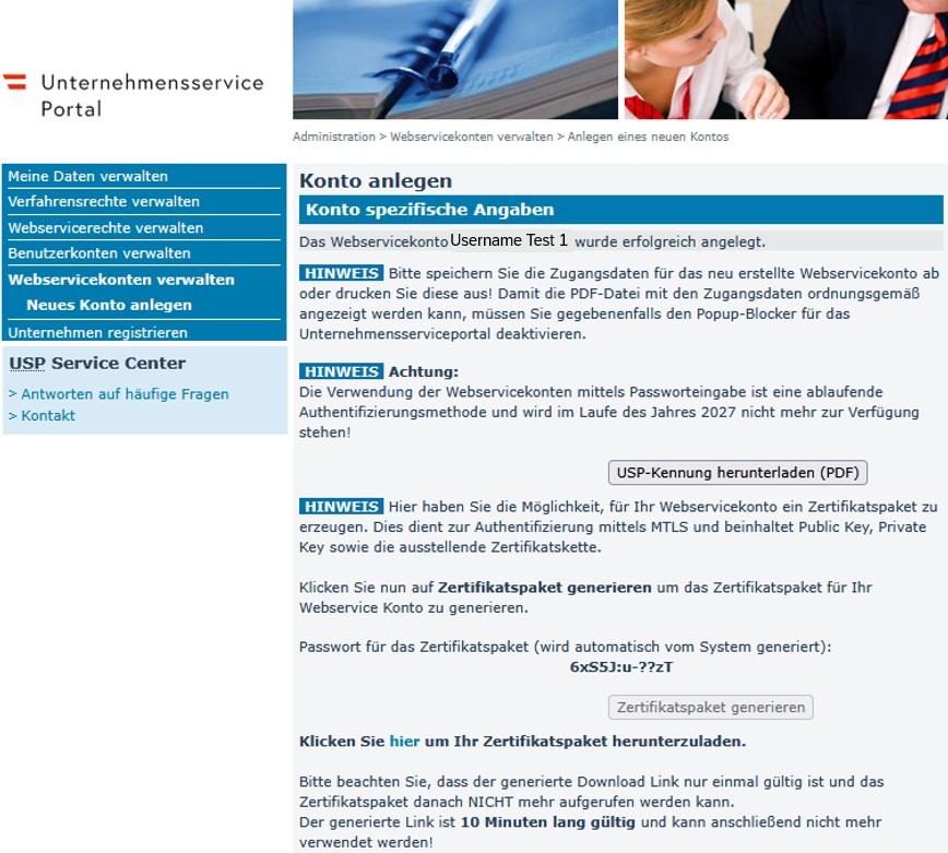 Screenshot Konto anlegen, Zertifikat wurde generiert
