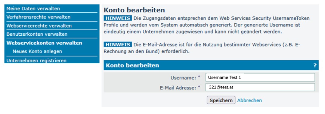 Screenshot des Menüpunktes Konto bearbeiten