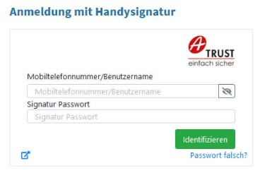 Anmeldefeld im USP für die Anmeldung mittels Handysignatur