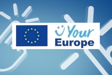 Logo Europäische Fahne blau mit zwölf goldenen fünfzackigen Sternen und dem Schriftzug Dein Europa Europäische Union