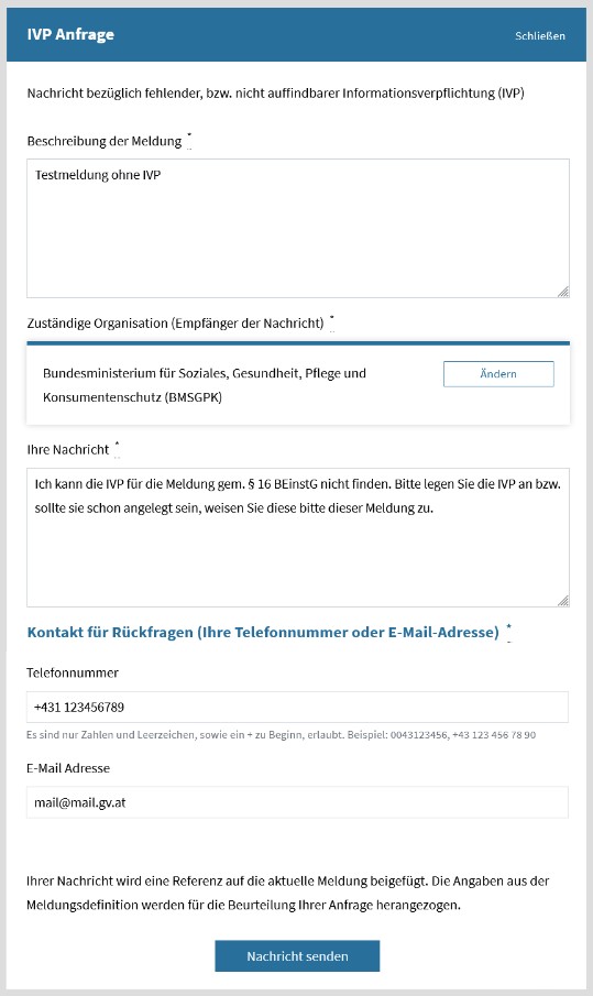 IVP Anfrage Meldung