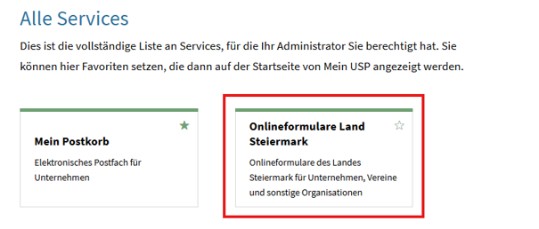 Es wird der Bereich "Alle Services" im angemeldeten Bereich des Unternehmensserviceportals angezeigt mit zwei Kacheln von Services, für die der Benutzer berechtigt ist.