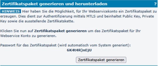 Screenshot des Controls Zertifikat generieren und Herunterladen