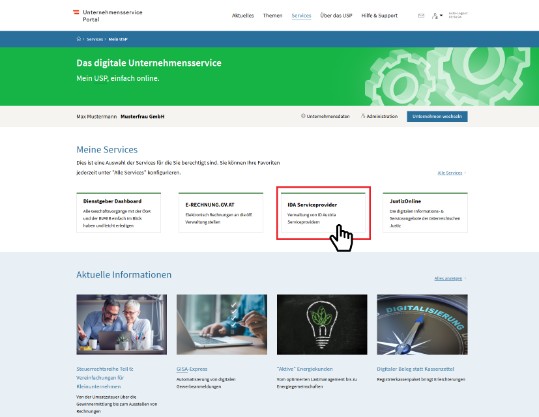 Ein Bildschirmausschnitt von Mein USP mit dem ID Austria ServiceProvider Verfahren markiert