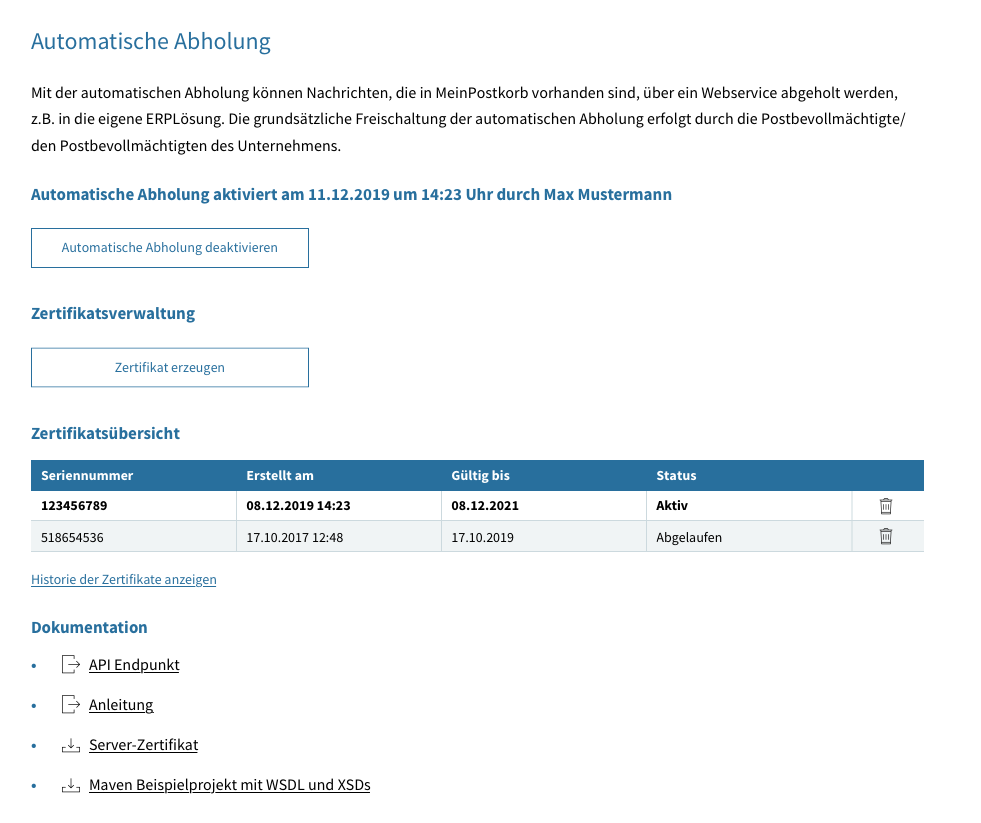 Es wird der Einstellungsbereich zur automatischen Abholung angezeigt. Dies beinhaltet die Aktivierung bzw. Deaktivierung der Automatischen abholung, die Zertifkatserzeugung und die Übesicht über bereits erstellte oder abgelaufene Zertifkate. Zudem wird auf die Dokumentation der automatischen Abholung verwiesen.