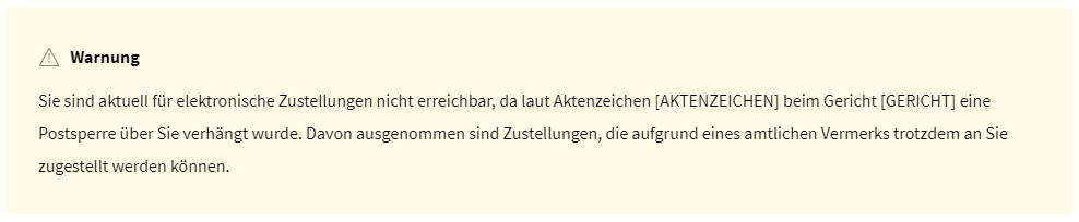 Infobox für eine Person bzw. Unternehmen für die eine Postsperre aufgrund eines laufenden Insolvenzverfahrens besteht.