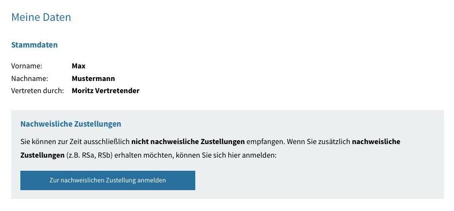 Anzeige der Daten des eingeloggten User. Dazu gehören Vorname, Nachname und Unternehmensbezeichnung im Falle eines Unternehmens. Ist eine Stellvertretung ausgewählt, wird dies hier auch angezeigt.