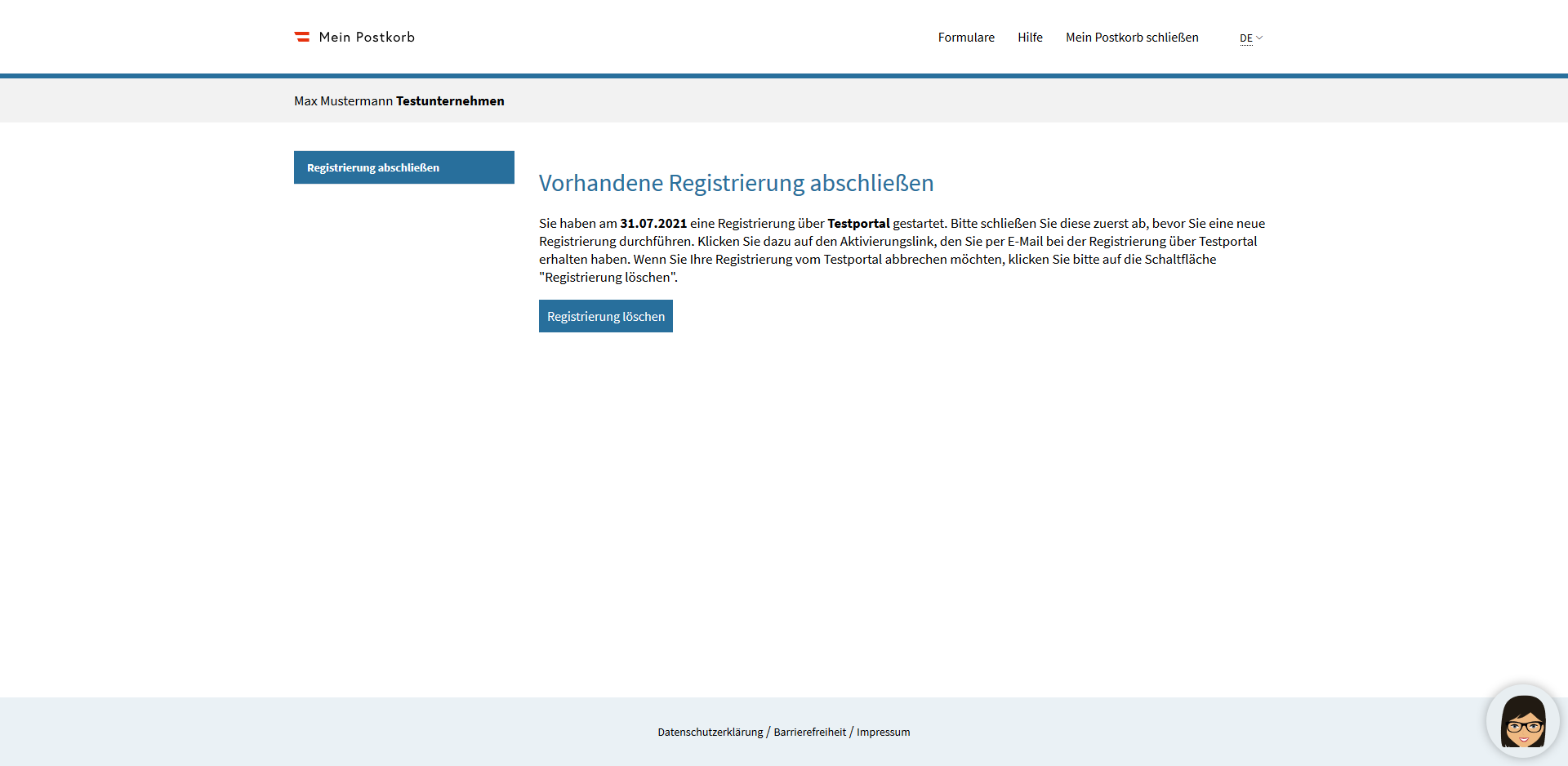 Vorhandene Registrierung abschließen