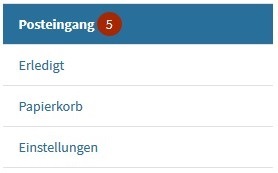 Anzeige der Ordner Posteingang, Erledigt, Gesendet, Papierkorb und Einstellungen