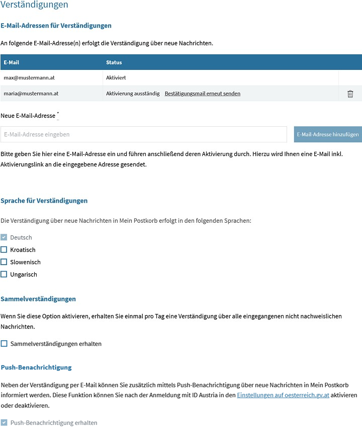 Einstellungen für E-Mail-Adressen. Dazu gehören das Eintragen einer neuen E-Mail-Adresse, die Übersicht der hinterlegten E-Mail-Adressen, die Auswahl der Sprache für Verständigungen und die Auswahlmöglichkeit für Sammelverständigungen.