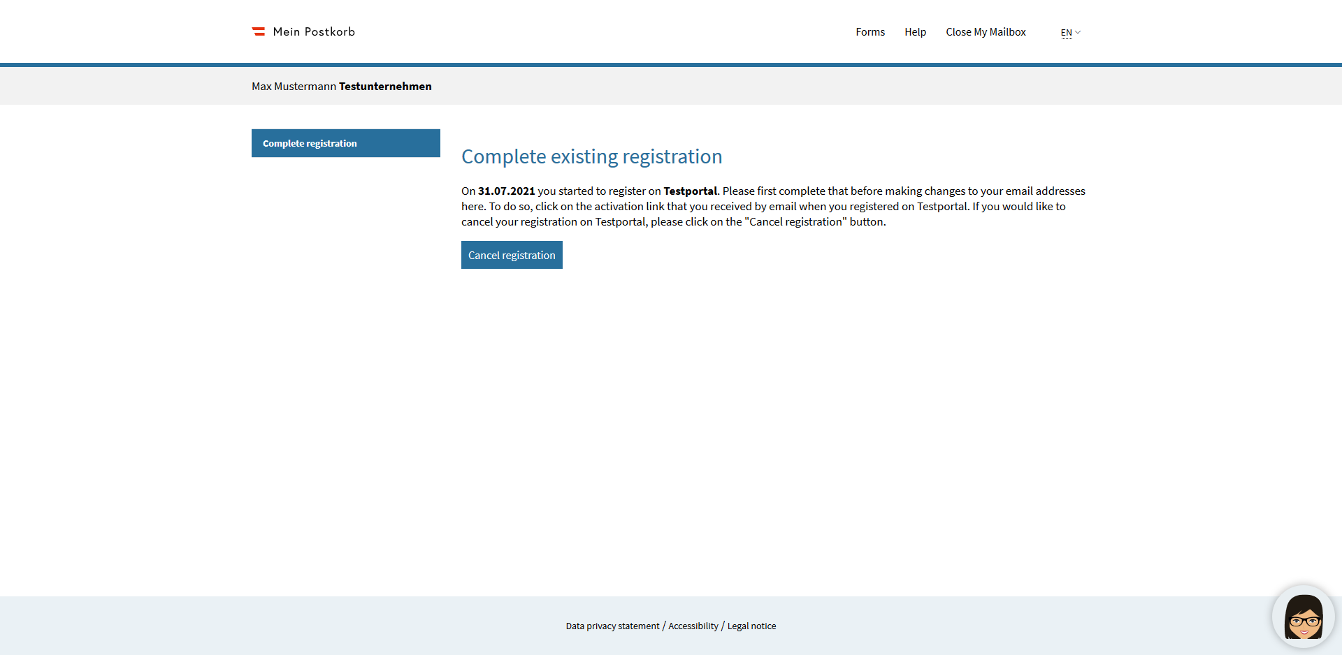Complete existing registration